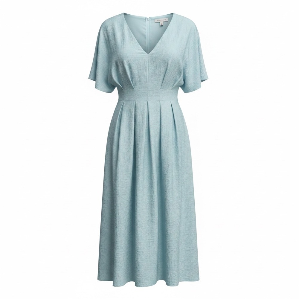 Mila Mae Womens Blue Textured Midi Dress Pleated Fit Flare V Neck 8 NWT